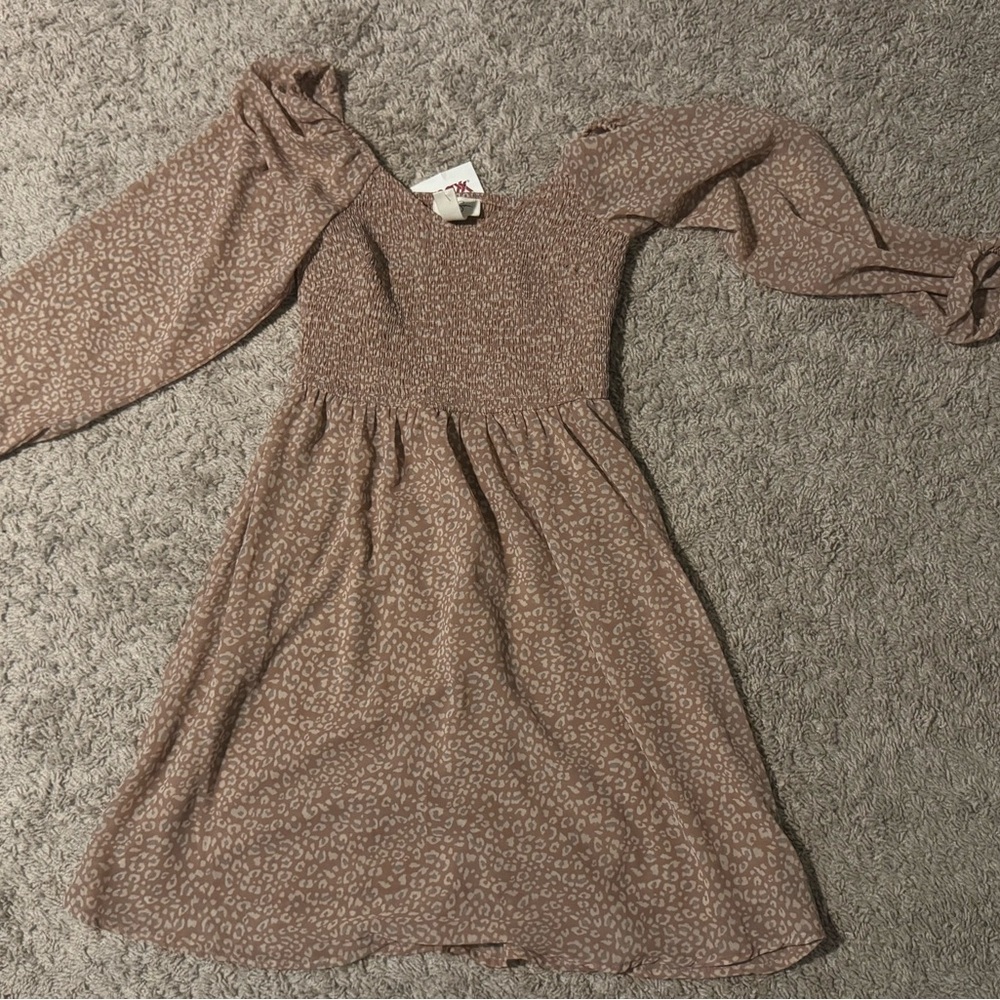 Tan and gray print dress